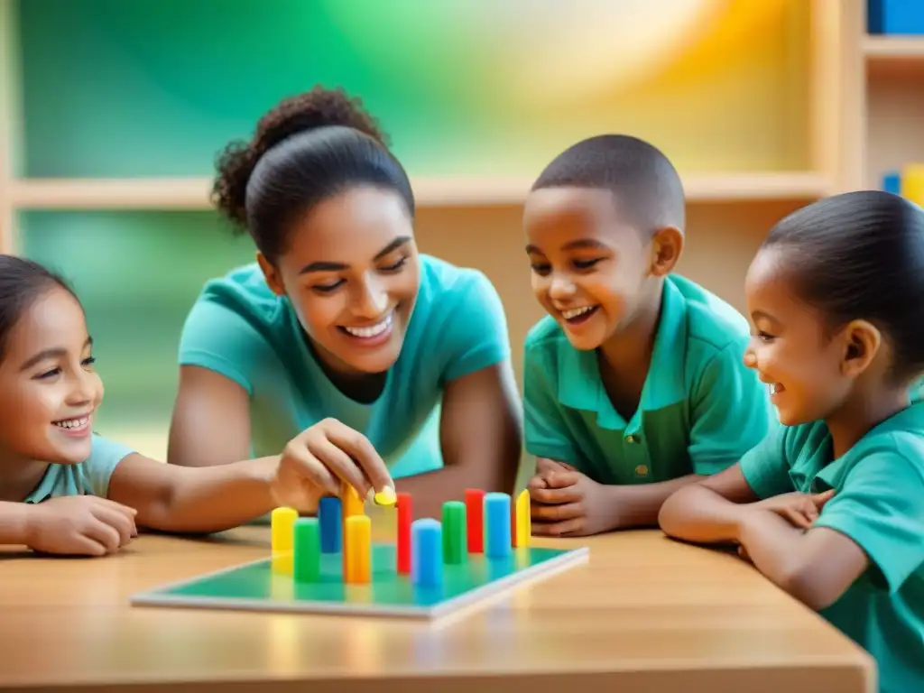 Una imagen vibrante de niños de diversas edades y etnias disfrutando de juegos educativos que enseñan empatía en un alegre salón de clases