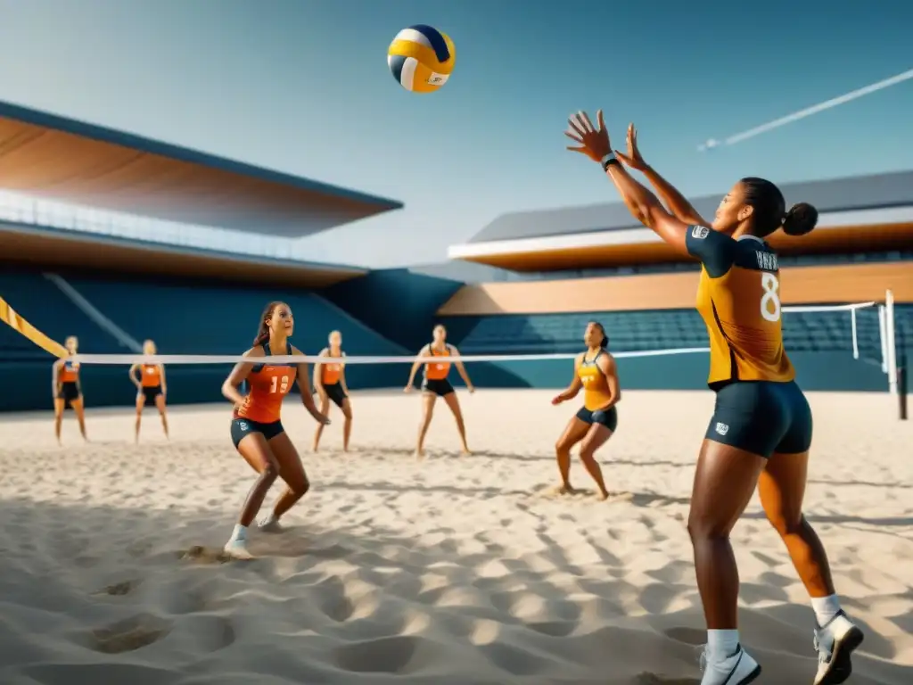 Imagen: Evolución del voleibol de playa, con jugadores de diferentes épocas y estilos, representando la historia del deporte olímpico