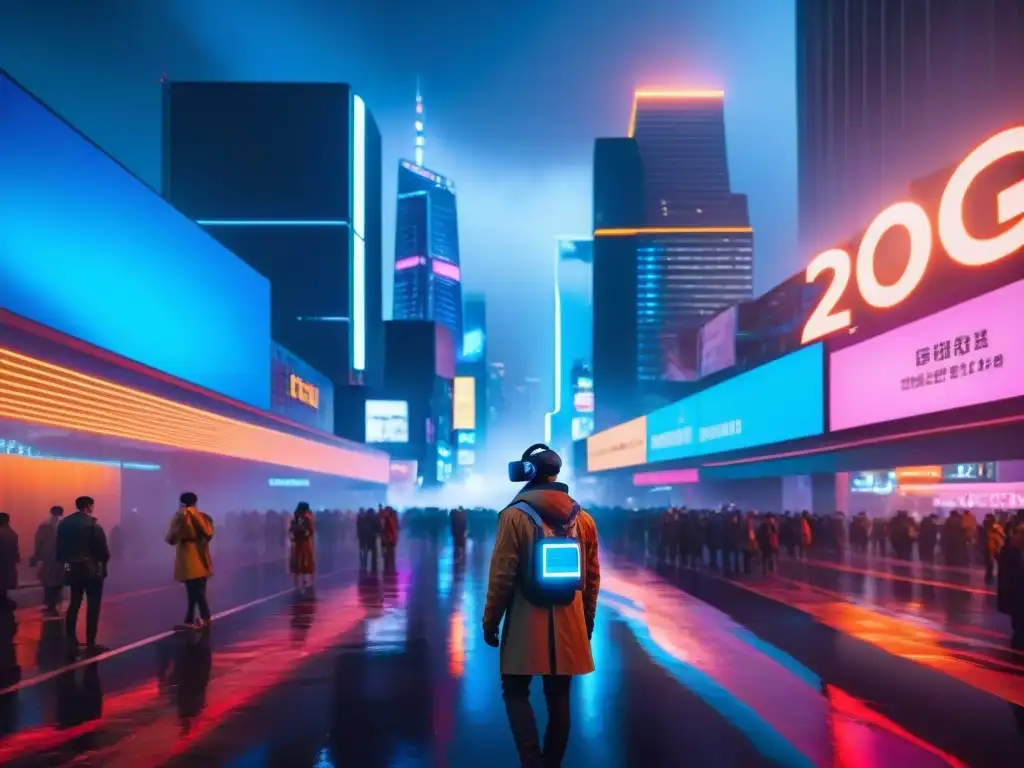 Impactante ciudad futurista de noche con luces neón, rascacielos digitales y realidad aumentada, reflejando el impacto de los videojuegos en el arte