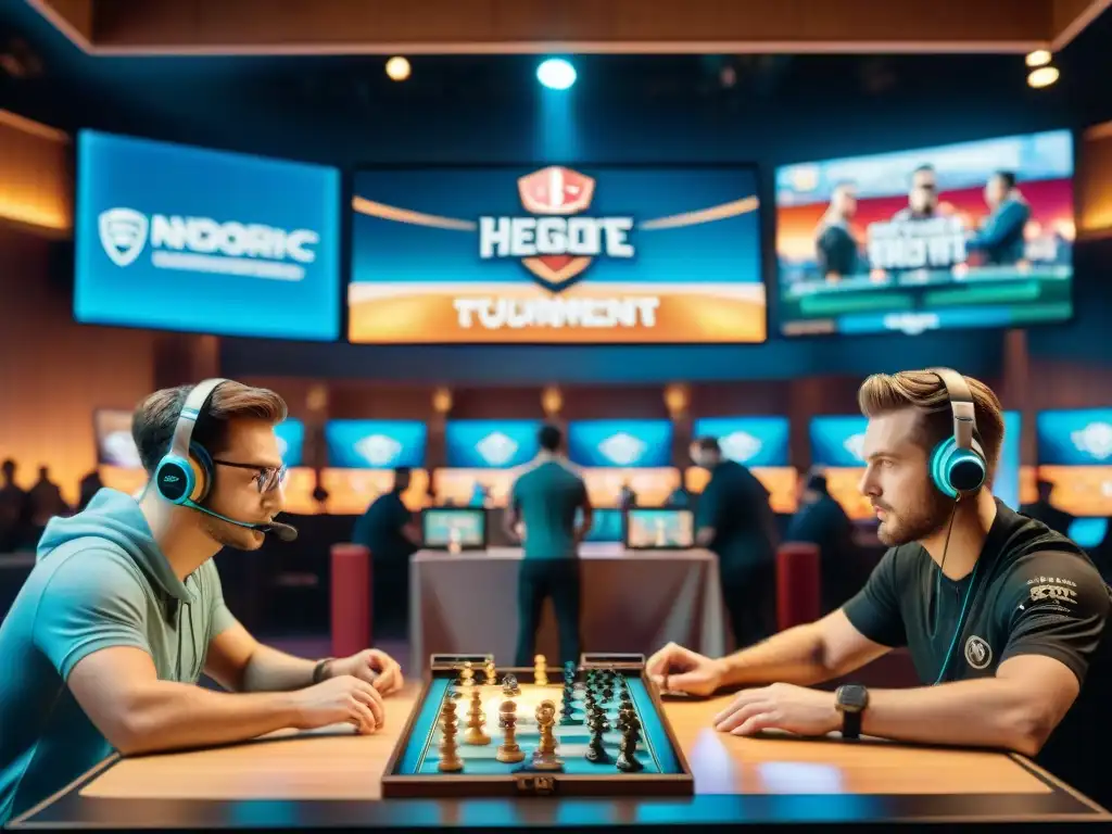 Impacto de eSports en juegos tradicionales: Competencia intensa en arena digital y torneo de juegos de mesa en sala clásica