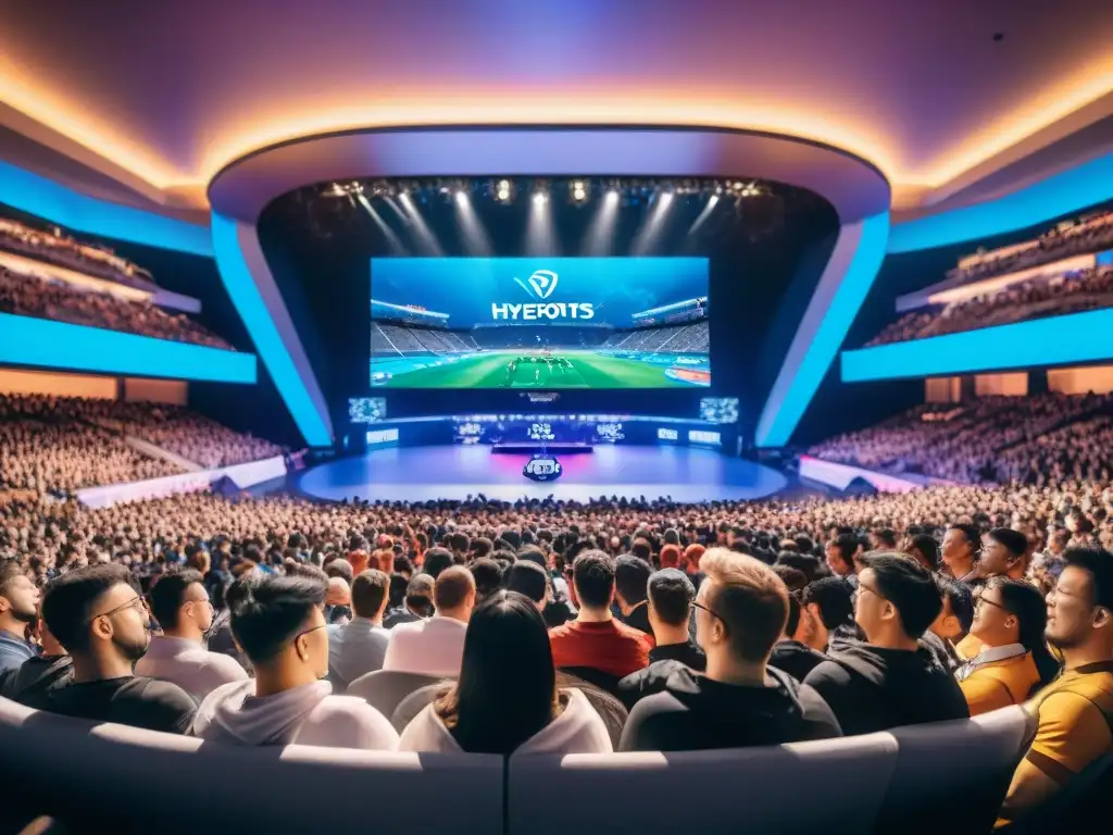 Impacto de los eSports en la sociedad: Multitud entusiasta en estadio lleno viendo competencia intensa en pantalla gigante