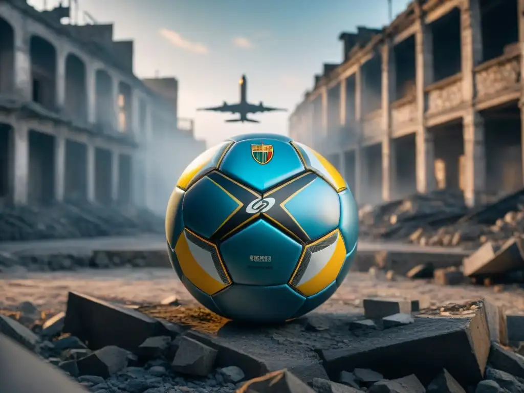 El impacto de las guerras mundiales en los deportes europeos: un balón de fútbol entre ruinas y un avión de guerra sobrevolando