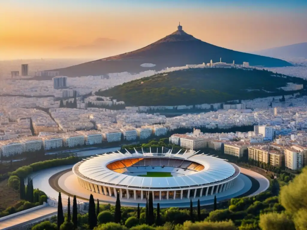 Estadio Olímpico de Atenas: fusión histórica y moderna Impacto de los Juegos Olímpicos en Europa: estadio olímpico de Atenas fusionando modernidad y ruinas antiguas al atardecer