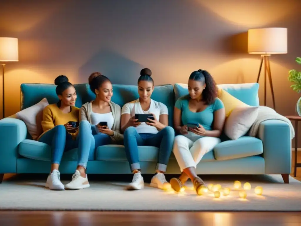 Impacto de los juegos móviles en las relaciones familiares: diversa familia en sala, aislados en sus dispositivos móviles