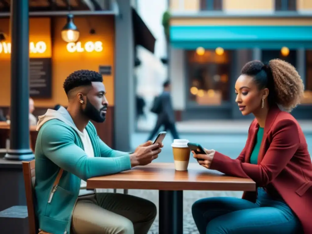 Impacto de los juegos móviles en las relaciones personales: amigos desconectados en café de ciudad