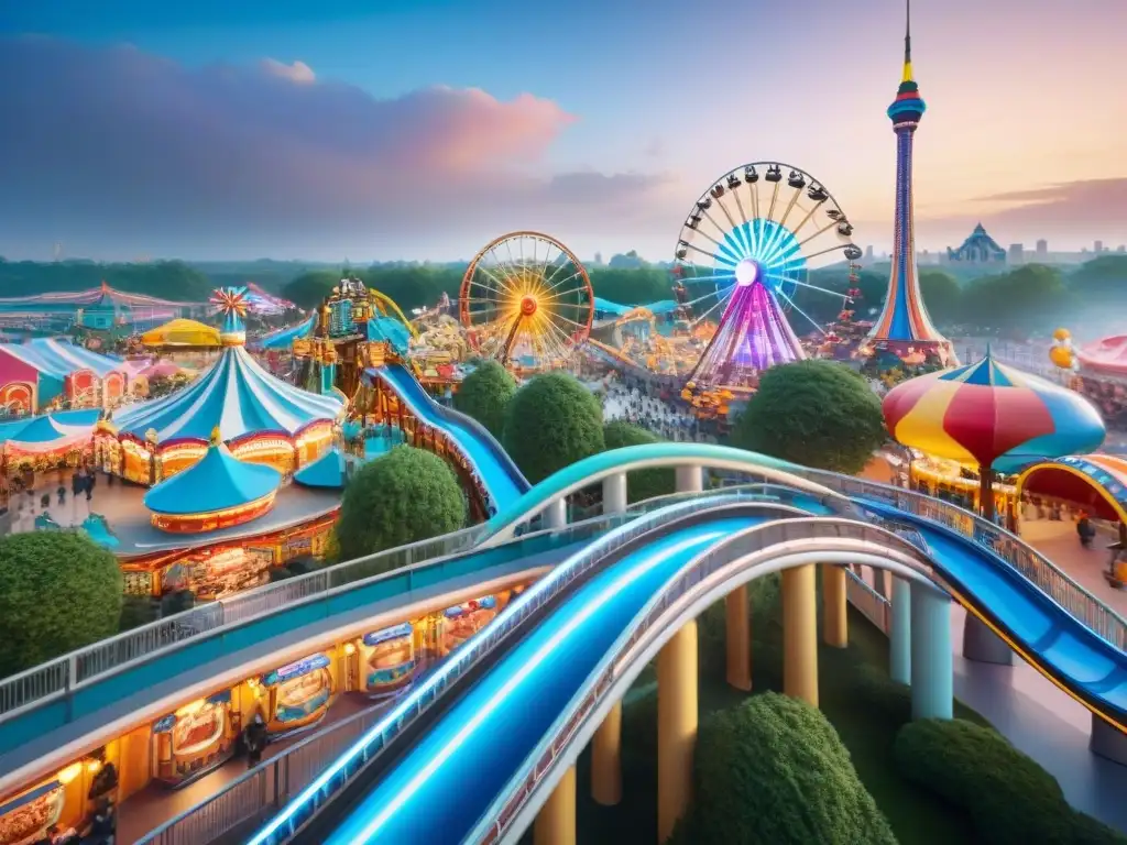 Parque de diversiones futurista en la ciudad Impacto de parques de atracciones en el diseño urbano: Un parque futurista lleno de luces y emoción contrasta con la arquitectura urbana