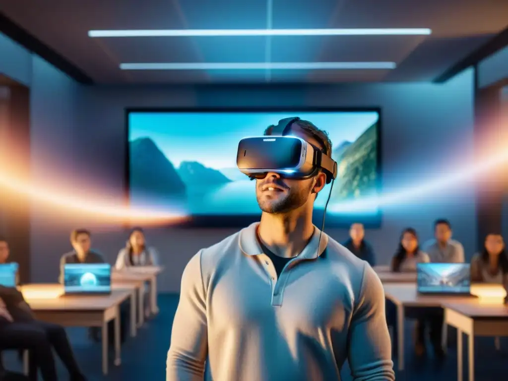 Impacto de la realidad virtual en la educación: Alumnos atentos en clase virtual con hologramas educativos