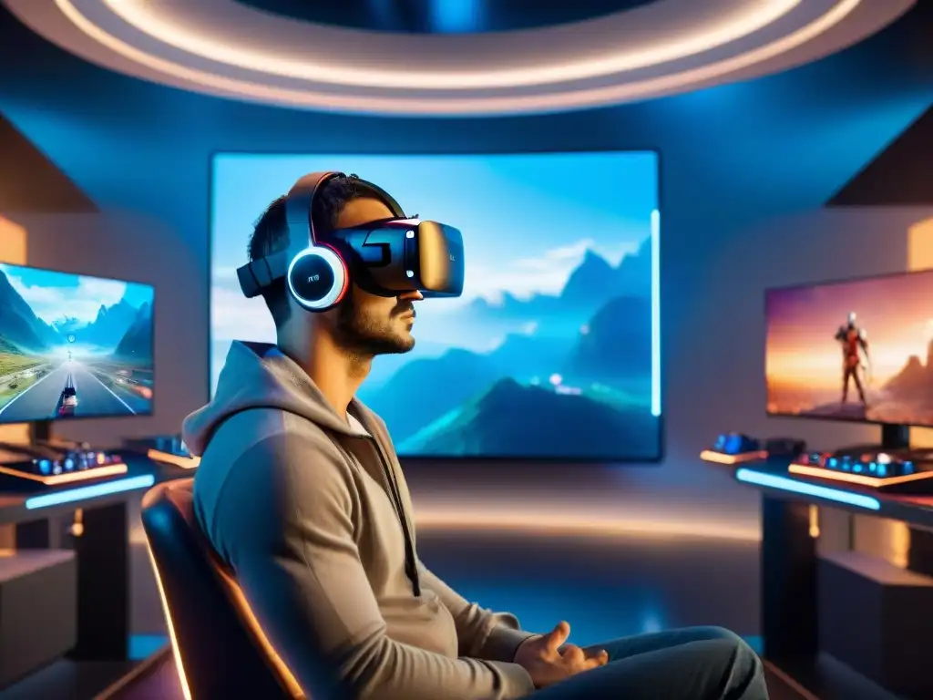 Impacto de la IA en videojuegos: Jugadores inmersos en un entorno de realidad virtual futurista, interactuando con avanzada tecnología