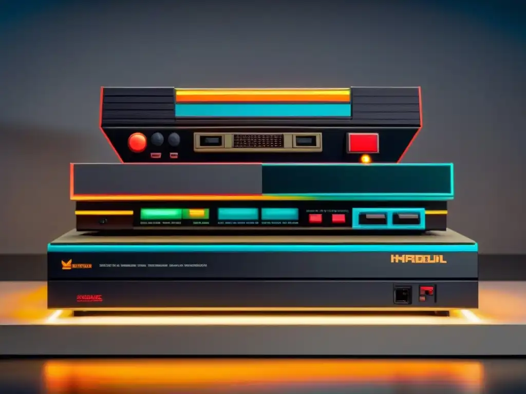 Exhibición impecable de consolas icónicas de los 80, resplandeciendo con la historia de videojuegos consolas época