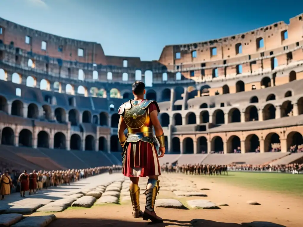 Imponente Coliseo Romano bajo cielo azul, con turistas