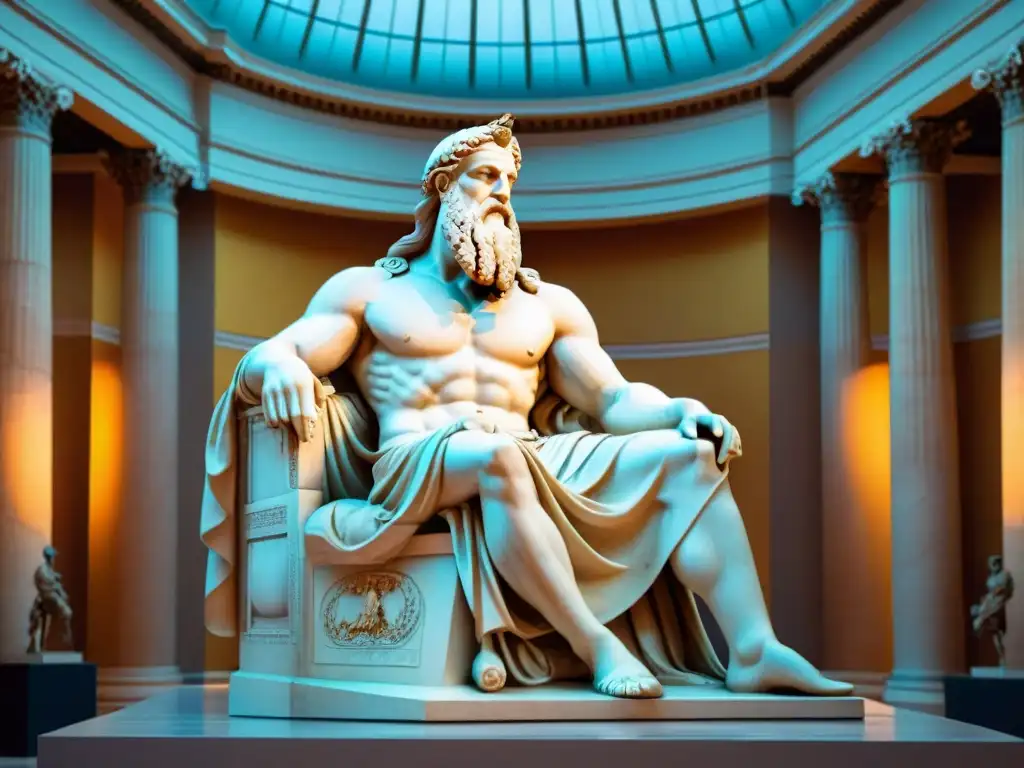 Imponente estatua de Zeus en Olimpia, resaltando los detalles esculturales