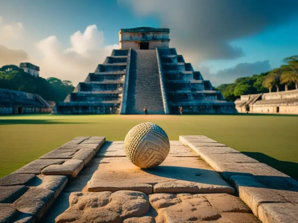 Imponente Gran Juego de Pelota en Chichén Itzá, resaltando la importancia espiritual del juego de pelota mesoamericano