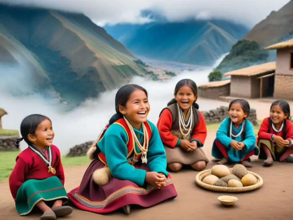 Importancia cultural de juegos tradicionales Andinos: Niños indígenas riendo y jugando en la plaza de un pueblo andino rodeado de neblina y montañas