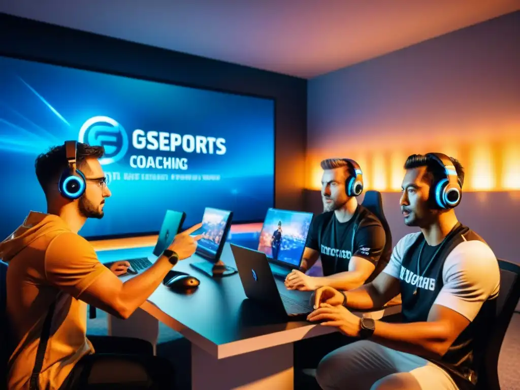 Importancia de los entrenadores en equipos de eSports: Coaches analizando tácticas con intensidad alrededor de una gran pantalla digital