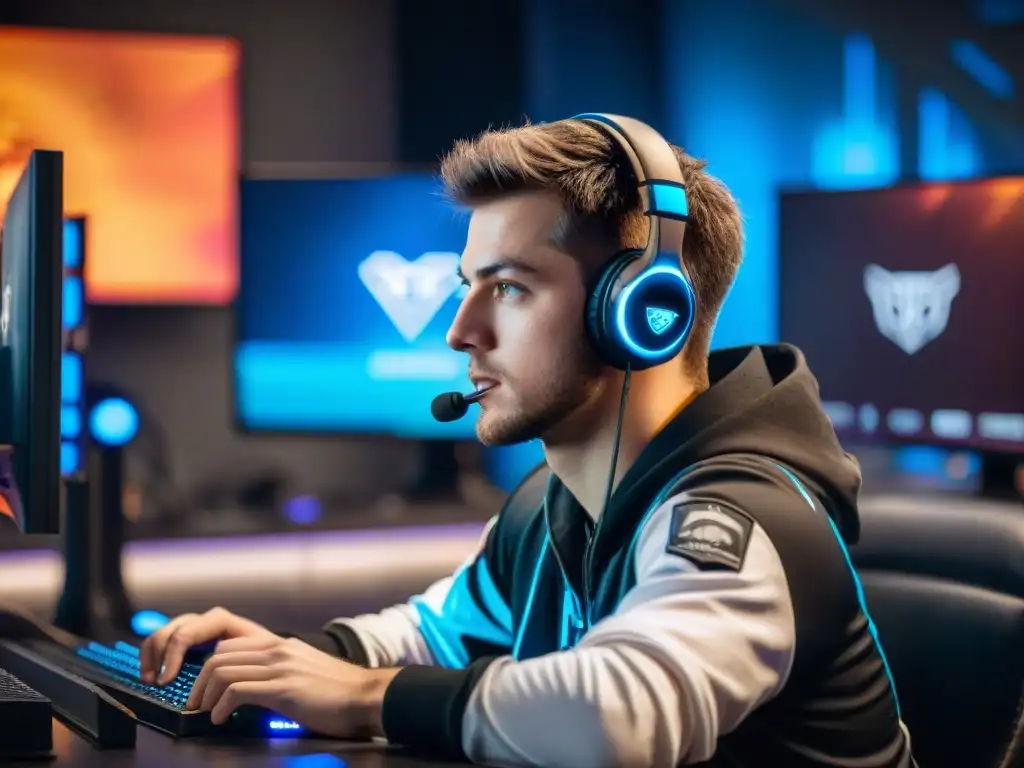 La importancia del equilibrio vida-juego en eSports: Jugador de eSports enfocado en su pantalla en una habitación oscura y desordenada