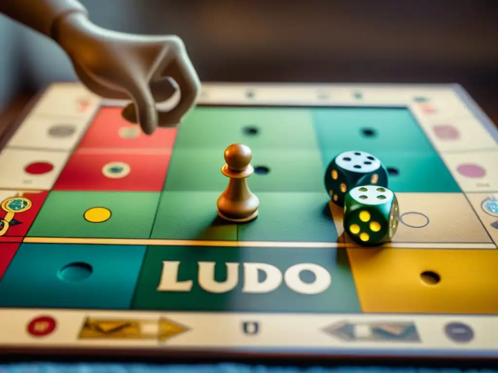 Importancia histórica del juego Ludo: Detalle de un tablero vintage desgastado, con colores vibrantes y piezas dispersas