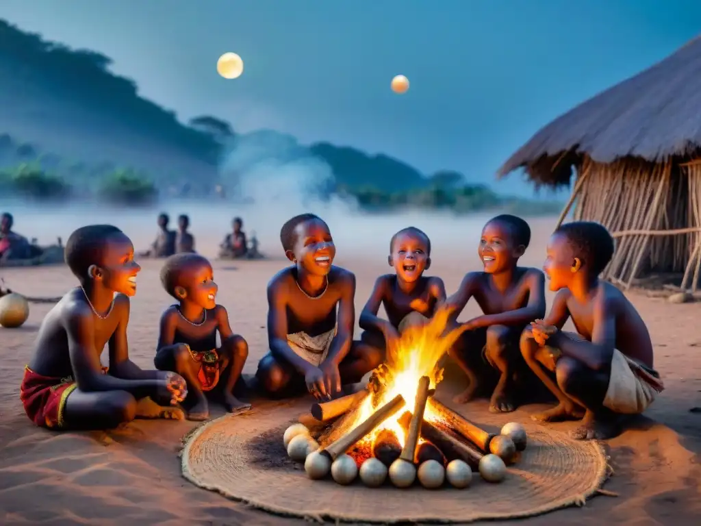 La importancia de los juegos nocturnos en las comunidades africanas se refleja en la felicidad de los niños jugando bajo la luna en un pueblo africano