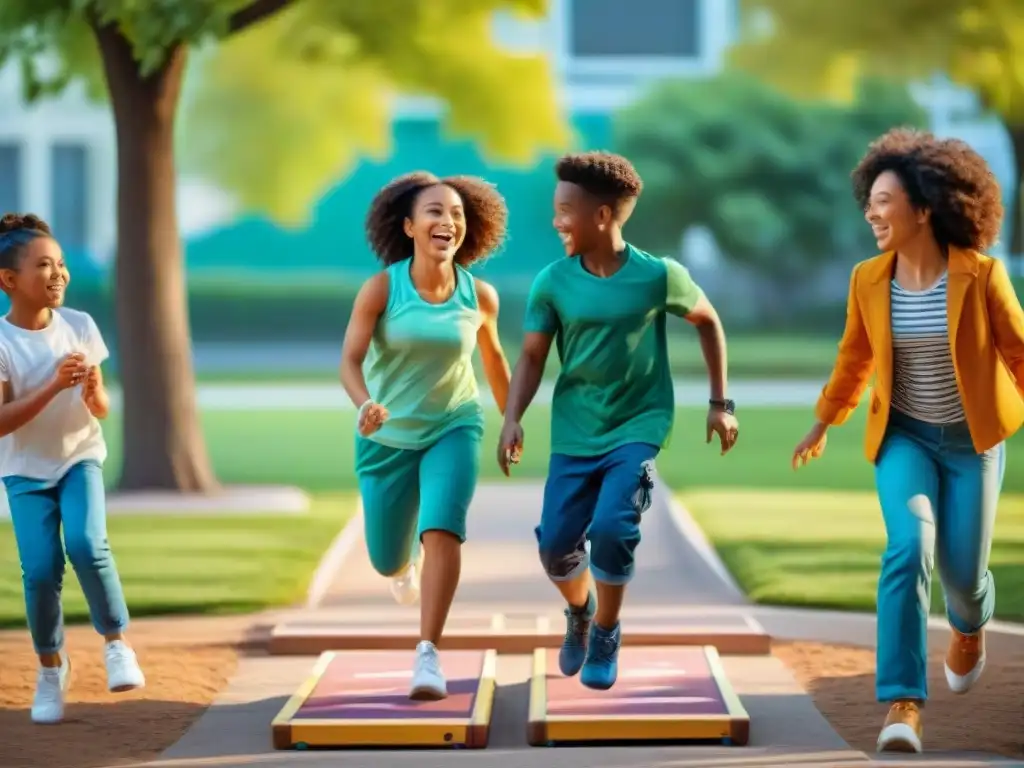 La importancia de juegos tradicionales: Niños de diferentes etnias juegan en parque vibrante, transmitiendo alegría y camaradería