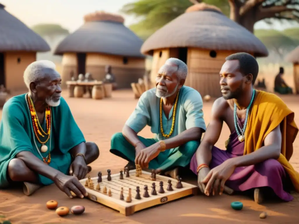 Importancia de los sueños en juegos africanos: Ancianos en aldea tradicional juegan bajo baobab