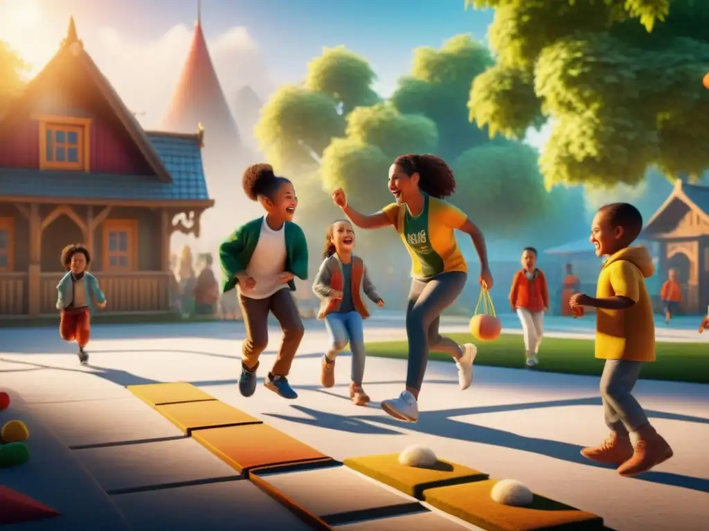 Juego y alegría: niños de diferentes culturas compartiendo tradiciones La importancia de los valores en juegos tradicionales: Niños de diversas culturas riendo y jugando juntos en un animado parque