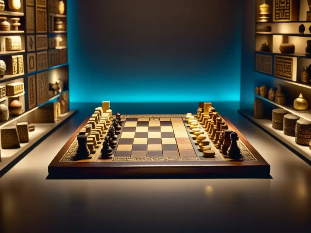 Tesoro de juegos antiguos: artefactos de ajedrez, dados y mahjong Una impresionante colección de artefactos de juegos antiguos de diferentes culturas en un museo con luz tenue
