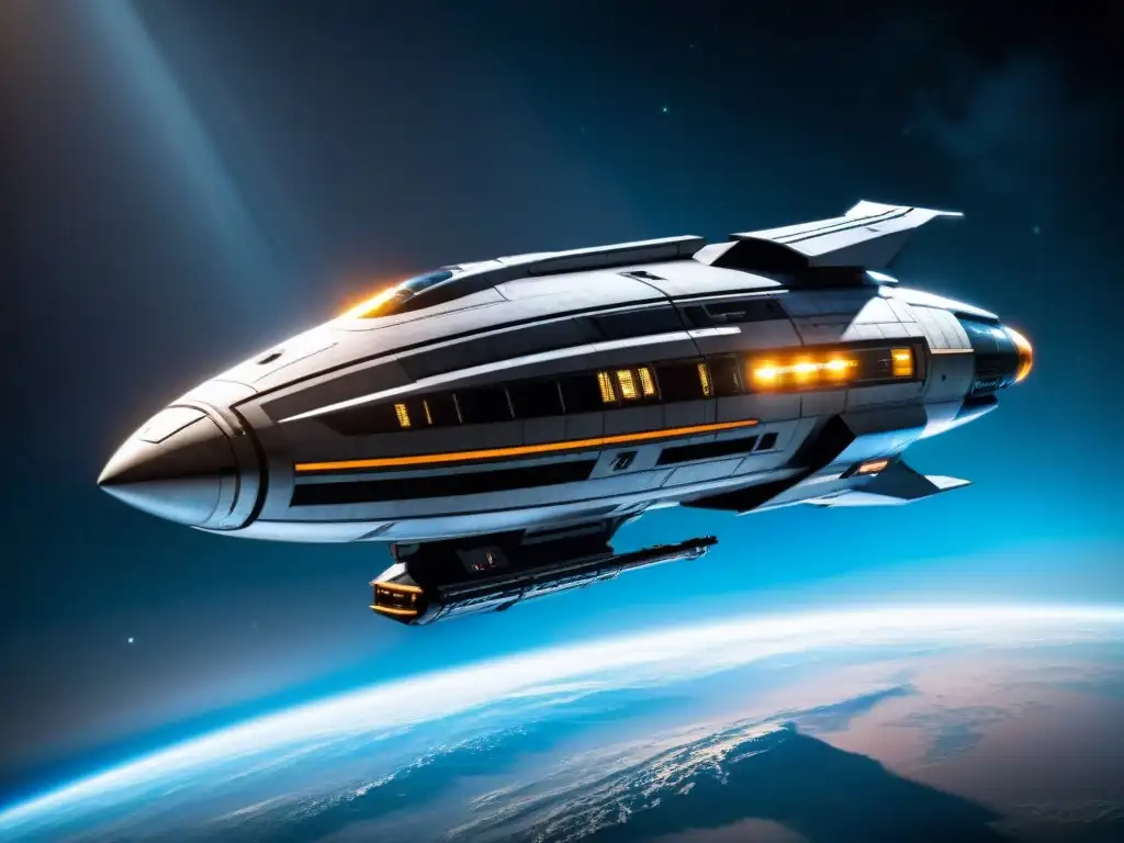 Impresionante diseño de la nave Normandy de Mass Effect en el espacio, evocando aventura y tecnología futurista