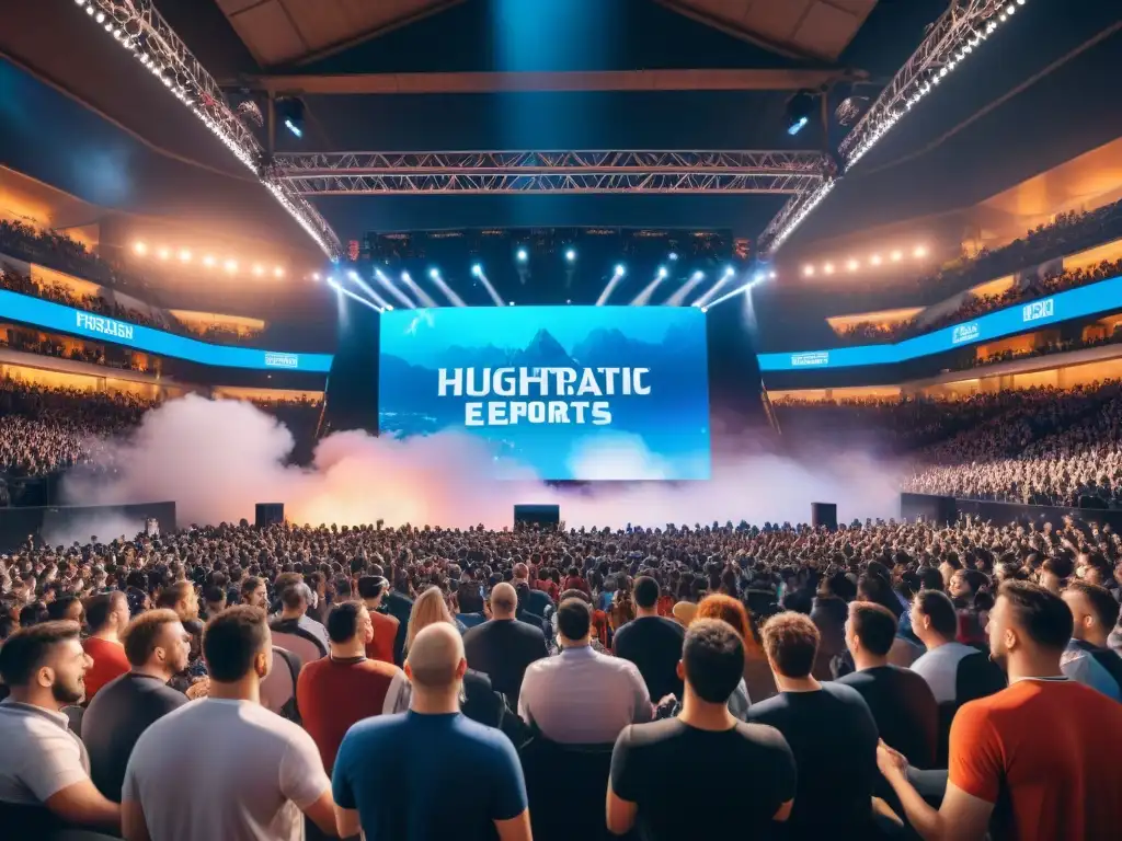 Impresionante escena de arena llena de fans entusiastas viendo un torneo de eSports