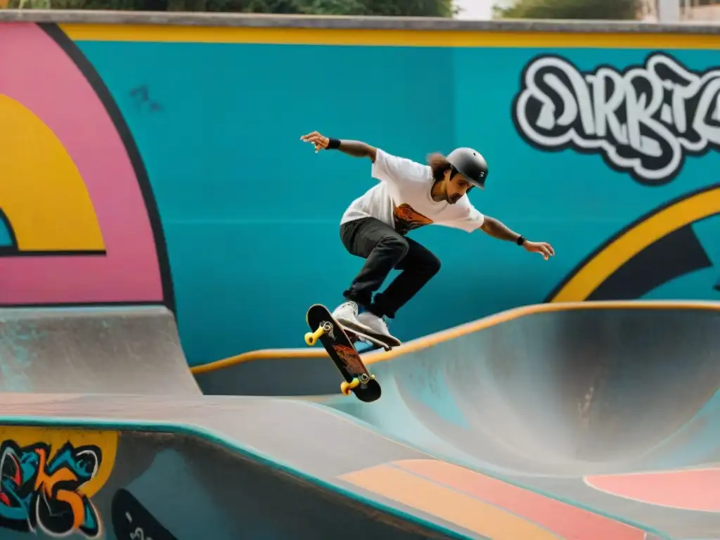 Impresionante escena de skateboarding en América Latina: historia, con jóvenes latinos realizando acrobacias en un bullicioso skatepark urbano