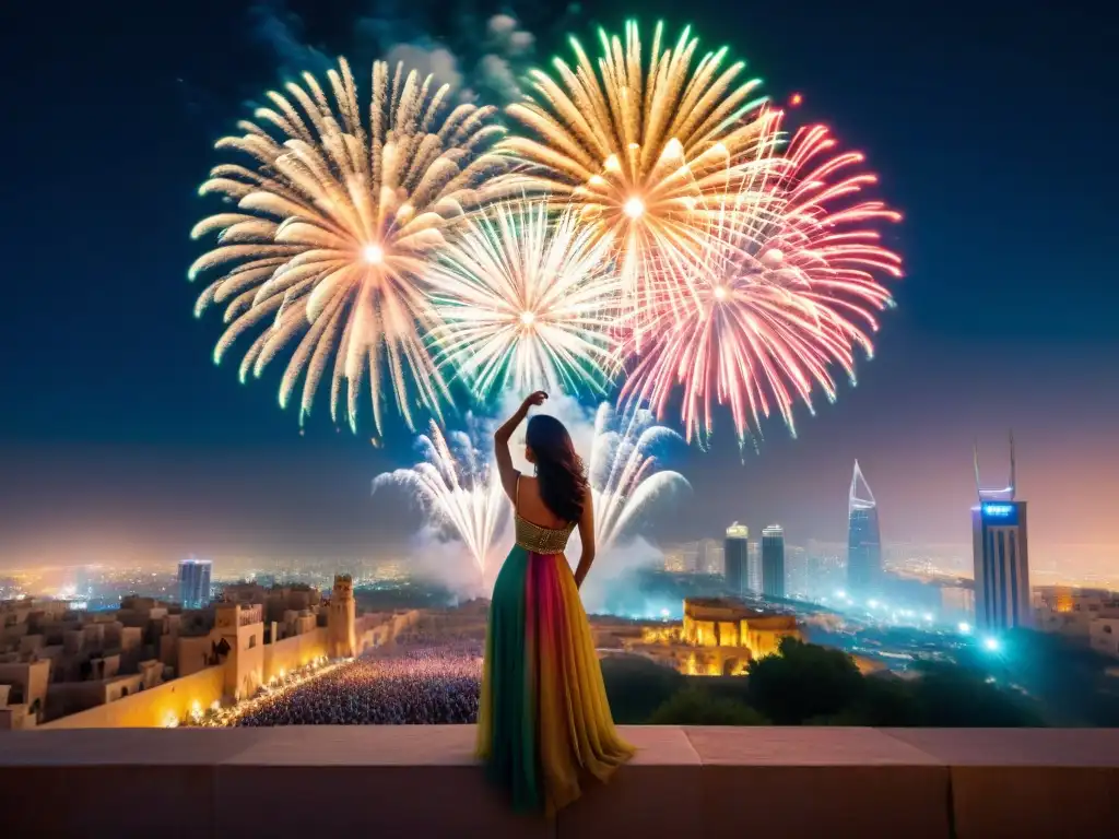 Un impresionante espectáculo de fuegos artificiales en Oriente Medio, iluminando el cielo nocturno de la ciudad con un estallido de colores vibrantes