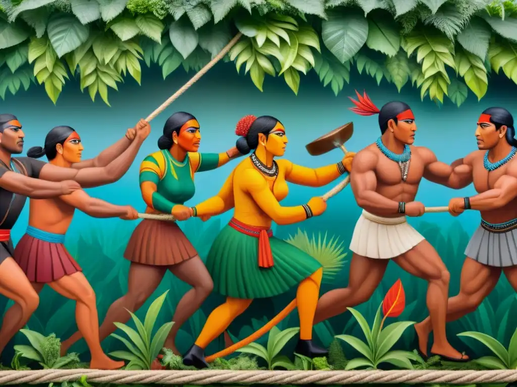 Increíble mural de Tug of War juego tradicional: guerreros tribales compiten con determinación en la selva vibrante