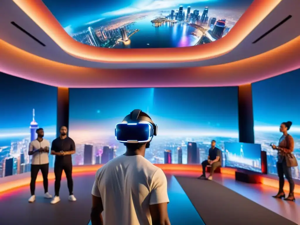 Explora la increíble realidad virtual del futuro y tendencias, con jugadores inmersos en un mundo digital de alta tecnología y luces neón