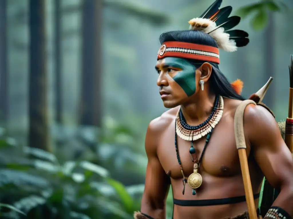 Indígenas cazadores usando simulaciones de caza en tradiciones, fusionando ancestral y moderno en la selva exuberante