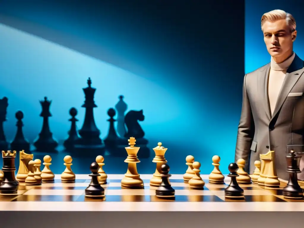 Maestro del ajedrez en desfile de moda: la fusión perfecta Influencia del ajedrez en moda: Gran maestro juega ajedrez en pasarela de moda vibrante