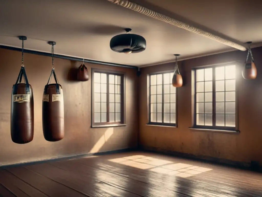 Influencia del boxeo en moda: Antiguo gimnasio de boxeo con bolsas desgastadas y boxeadores entrenando, en tonos sepia nostálgicos