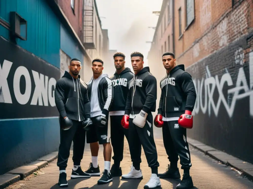 Influencia del boxeo en moda: Grupo de jóvenes urbanos en atuendos inspirados en el boxeo, posando con actitud en un callejón de la ciudad