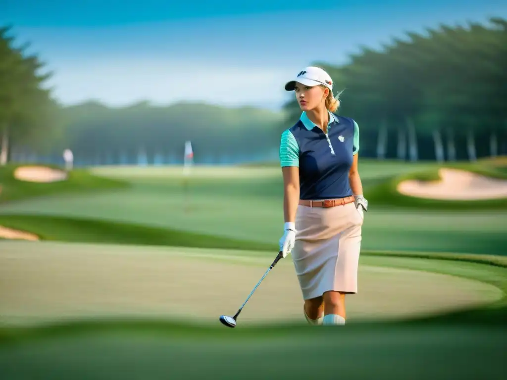 Influencia del golf en moda: Grupo elegante jugando golf en un campo verde bajo cielo azul