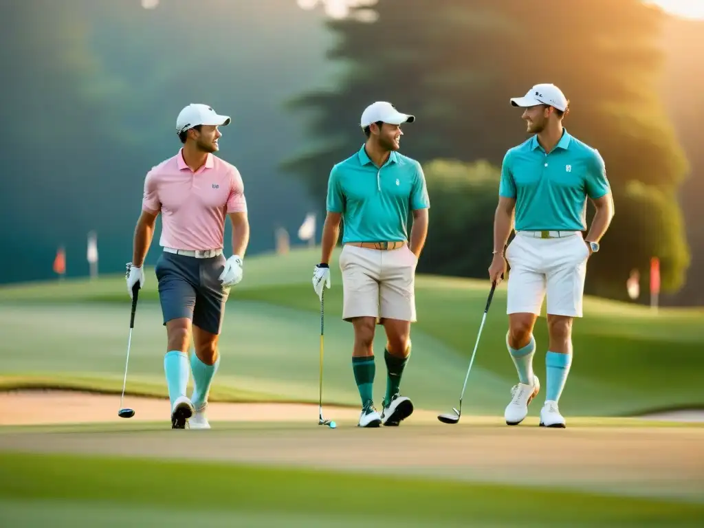 Influencia del golf en moda: Jóvenes golfistas elegantes en un campo verde al atardecer, vistiendo atuendos preppy únicos