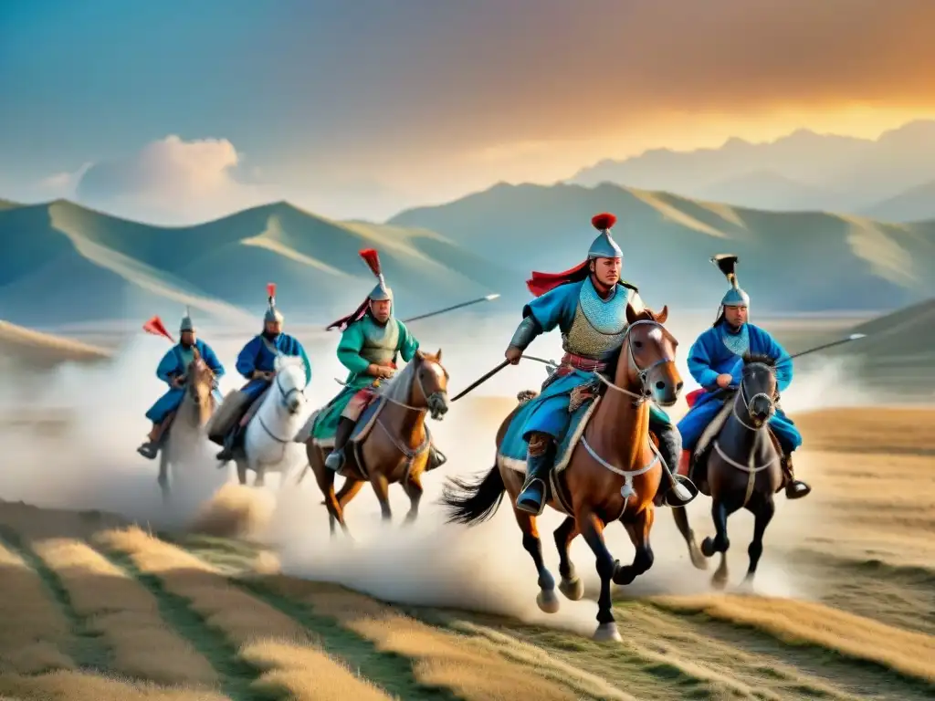 Influencia de las invasiones mongolas en los juegos del Oriente: Mongol guerreros a caballo en dramática carga por las estepas de Asia Central