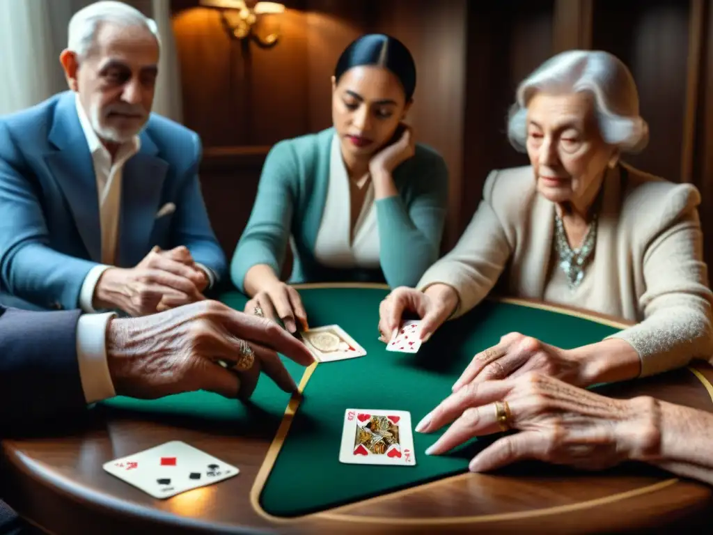 La influencia de juegos de cartas entre ancianos concentrados en una partida intensa, rodeados de decoración vintage