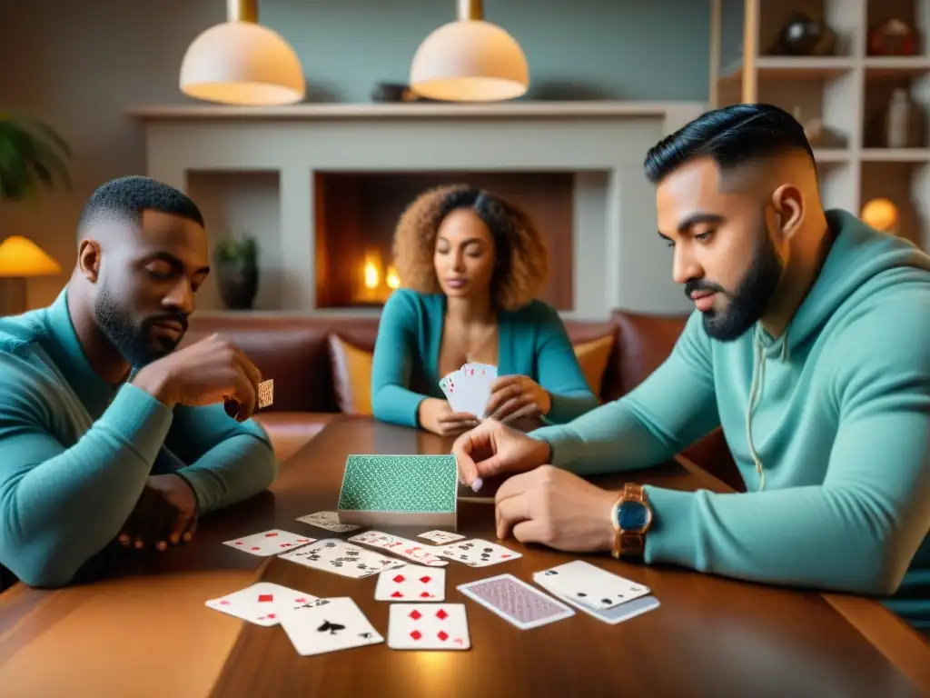Influencia de juegos de cartas: Diversidad y camaradería en emocionante partida de cartas en acogedor salón iluminado