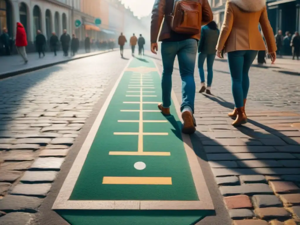 La influencia de juegos tradicionales en la música: Niños de diversas culturas juegan a la rayuela en una calle vibrante y soleada de la ciudad