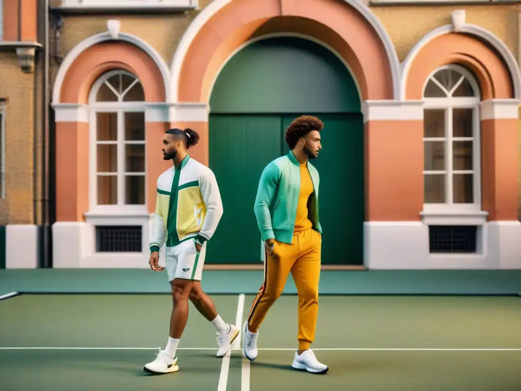 La influencia de la ropa de tenis en la moda urbana: jóvenes en outfits coloridos contrastan con la arquitectura histórica de la ciudad