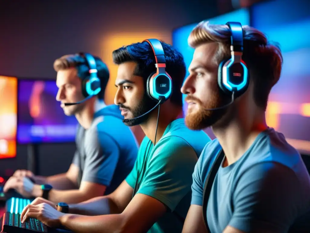 Inmersos en la emoción, diversos gamers disfrutan de videojuegos en setups de alta tecnología, reflejando el impacto del streaming en videojuegos