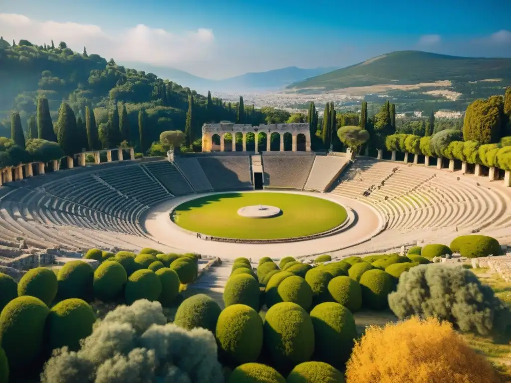 Inspiración de los Juegos Olímpicos antiguos: Estadio de Olimpia, Grecia, bajo el sol mediterráneo