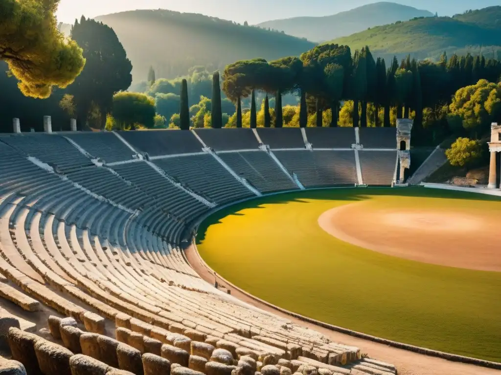 Inspiración de los Juegos Olímpicos antiguos: Ruinas doradas del Estadio Olímpico de Olympia al atardecer