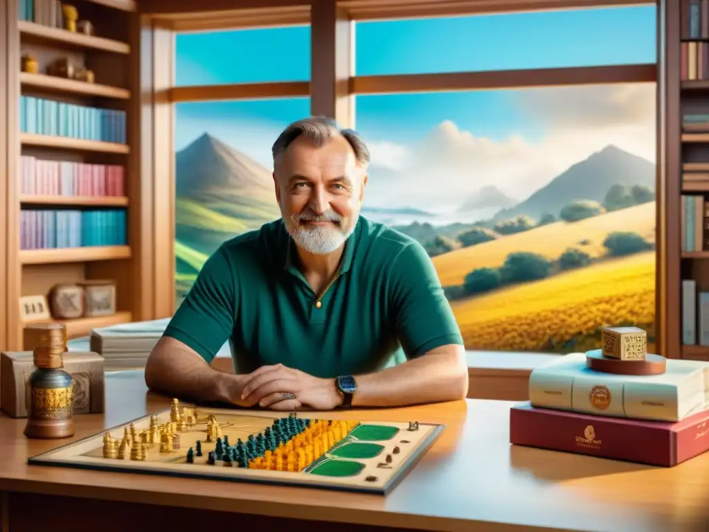 Inspirador retrato de Klaus Teuber diseñando el tablero de Catan en su acogedora sala llena de juegos de mesa