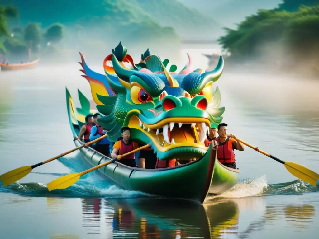 Inspiradora carrera de botes dragón en un río sereno, resaltando la influencia china en juegos asiáticos