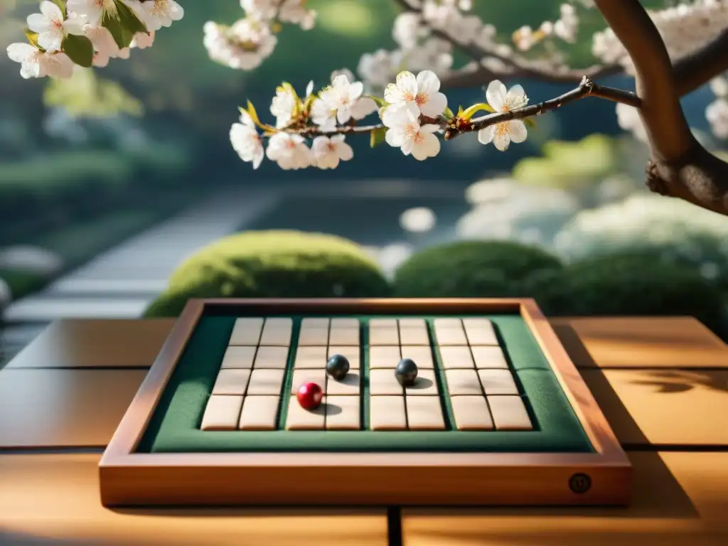 Un instante de historia y estrategia en un jardín japonés con un tablero de Go y piedras, reflejando la evolución de los juegos y culturas