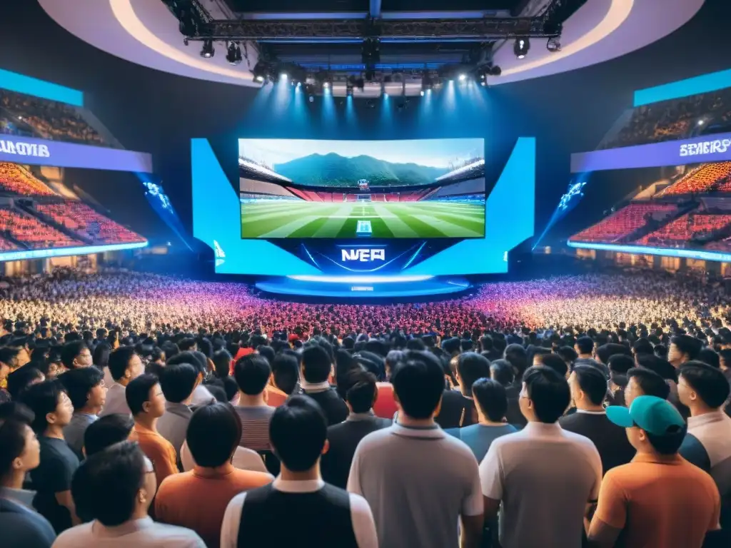 La intensa atmósfera de eSports en Asia evolución cultural: aficionados, jugadores y luces LED vibrantes en una arena de Seúl