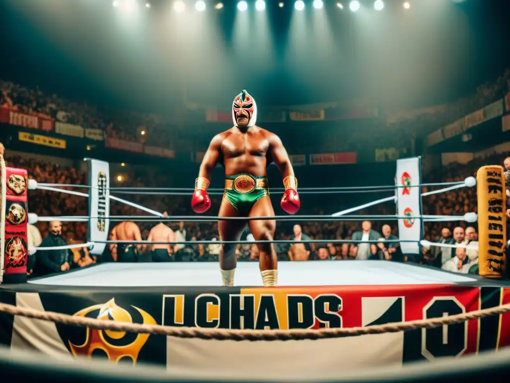 La intensa atmósfera de un evento de lucha libre en Europa, con coloridas máscaras y movimientos intensos en el ring